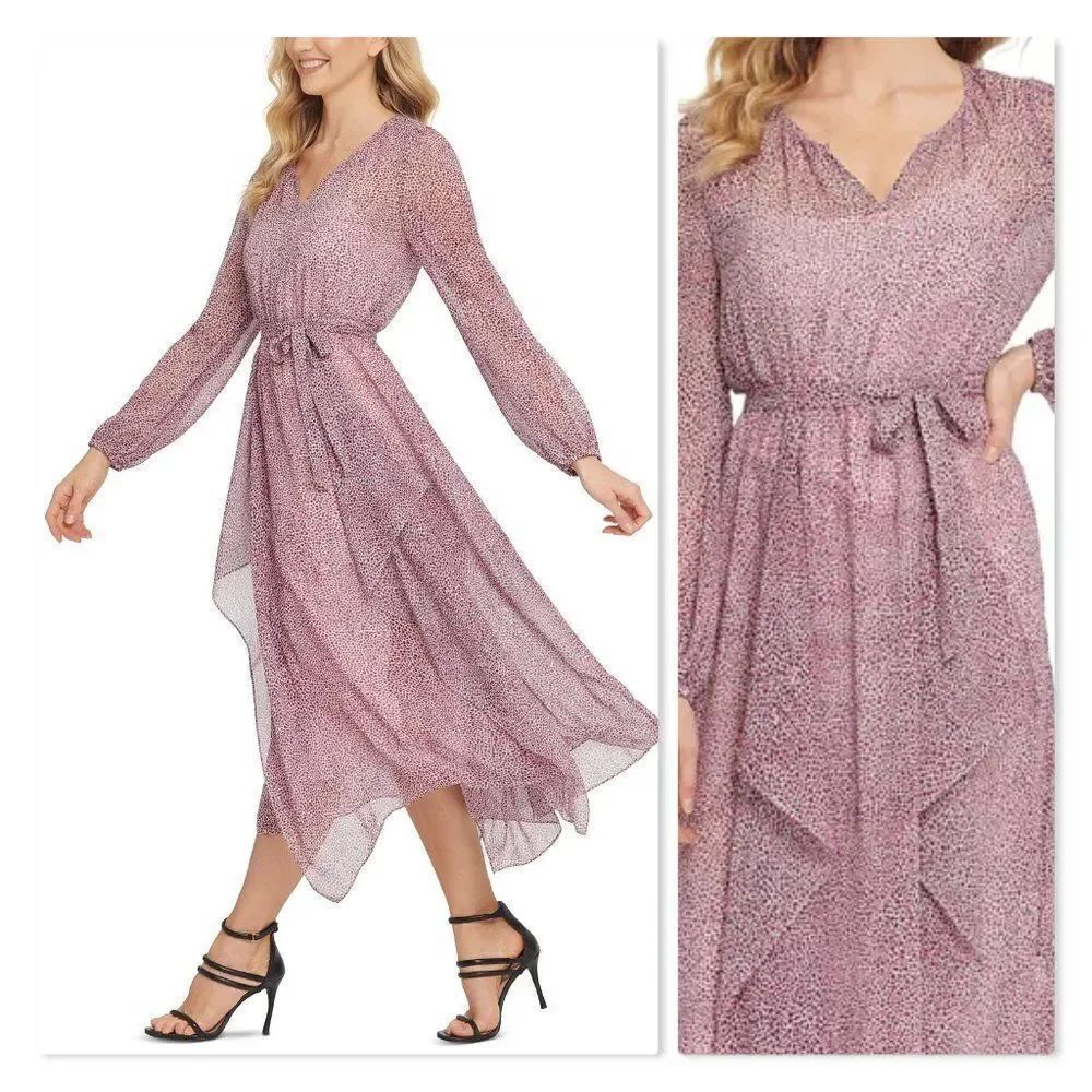 NEW! DKNY Printed Ruffled Dress size Large in Pink